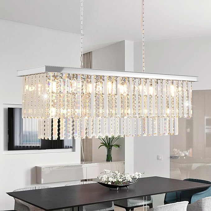 Rectangular Crystal Chandeliers for Dining Room, Modern Farmhouse Oval 16-Light Silver Linear Crystal Pendant Light for Kitchen Island Bar Living Room(L39inch)
