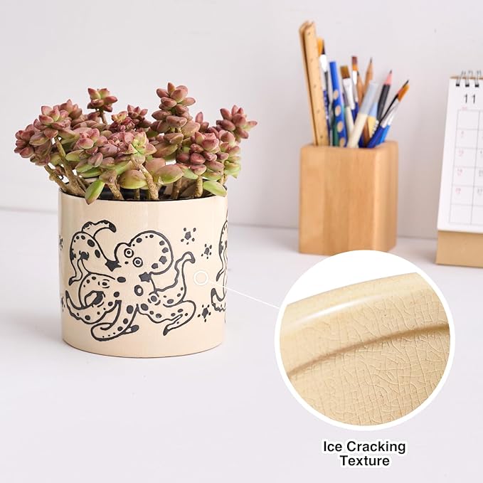5 Inch Ceramic Plant Pots with Drainage Holes, Small Round Flower Pots for Indoor Plant, Unique Animal Flower Planters (Octopus)
