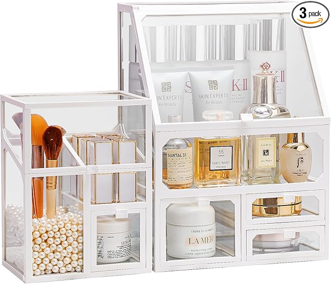 MOOCHI White 3 Pieces Makeup Organizers, glass, Skin Care Organizer, Drawers,Brush Organizer,Countertop Cosmetics Storage Display Case