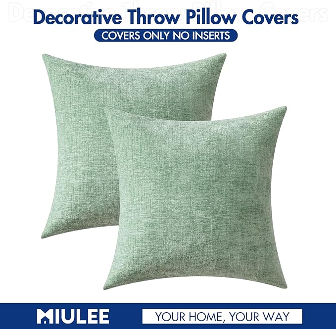 MIULEE Pack of 2 Couch Throw Pillow Covers 16x16 Inch Soft Greyish Green Chenille Pillow Covers for Sofa Living Room Solid Dyed Pillow Cases