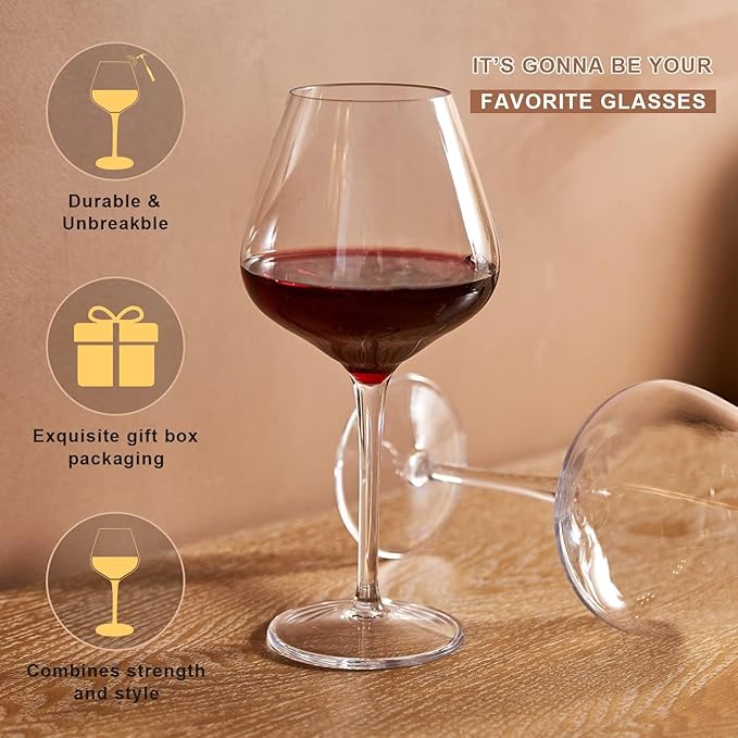 MICHLEY Floating Wine Glasses for Pool 18 OZ Unbreakable Tritan Plastic Stemmed Red Wine Glasses Ideal for Beach Bar Camping Dishwasher Safe, Set of 4