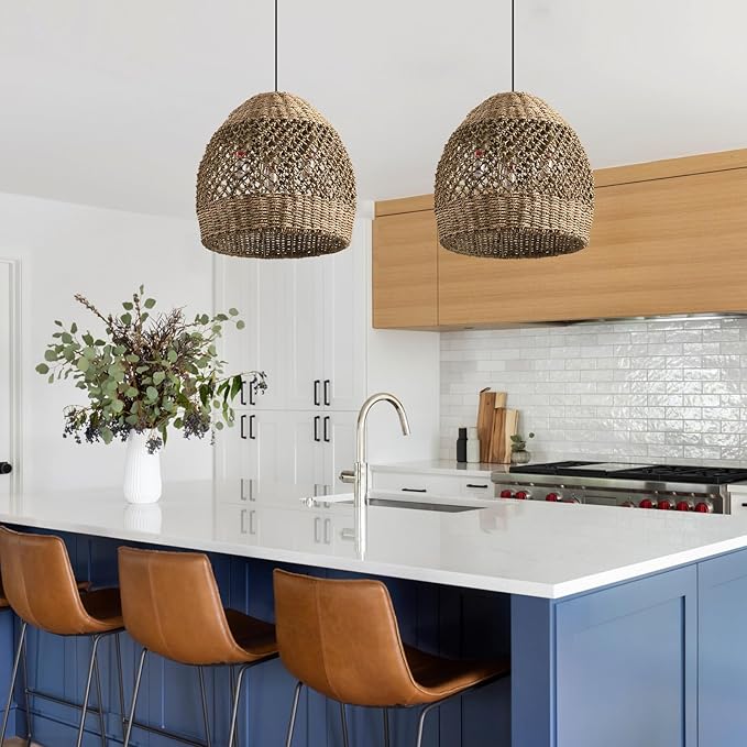 Rattan Boho Pendant Light Fixtures, Farmhouse Hanging 3-Light Wicker Chandelier,Hand-Woven Seagrass Kitchen Islands Chandeliers for Dining Room Entryway Foyer 13.39"