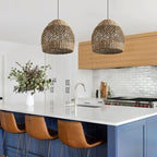 Rattan Boho Pendant Light Fixtures, Farmhouse Hanging 3-Light Wicker Chandelier,Hand-Woven Seagrass Kitchen Islands Chandeliers for Dining Room Entryway Foyer 13.39"