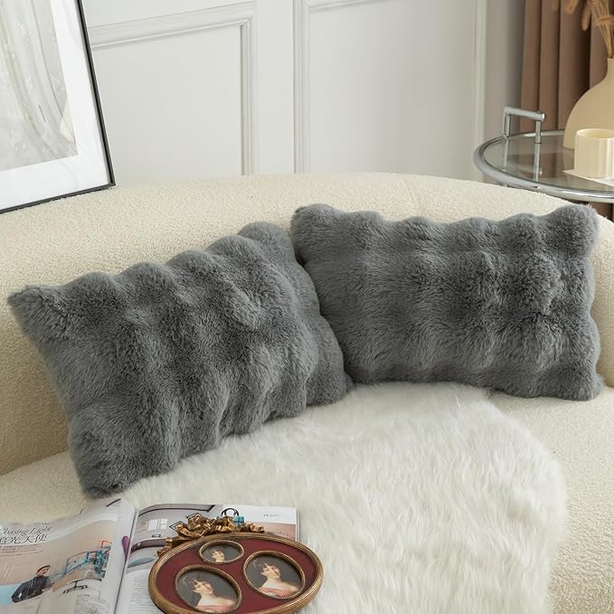 MANDIOO Pack of 2 Thick Plush Wool Decorative Throw Pillow Covers Super Soft Wave Bubble Fur Velvet Cushion Covers Pillow Shams for Couch Bed Living Room 12x20 Inch Gray