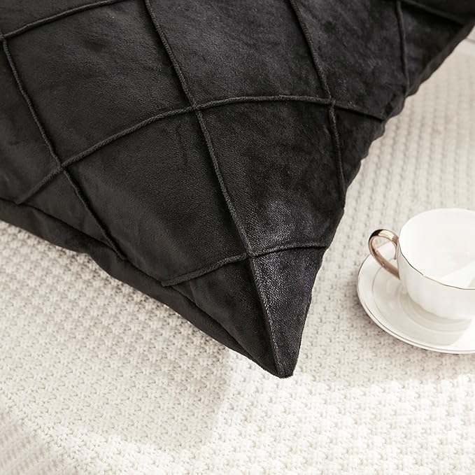 JAUXIO Diamond Pinch Pleated Crystal Velvet Pillowcases 2 Pack Solid Pintuck Throw Cushion Cover for Home Decor Hidden Zipper Closure (Black, Standard)