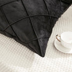 JAUXIO Diamond Pinch Pleated Crystal Velvet Pillowcases 2 Pack Solid Pintuck Throw Cushion Cover for Home Decor Hidden Zipper Closure (Black, Standard)