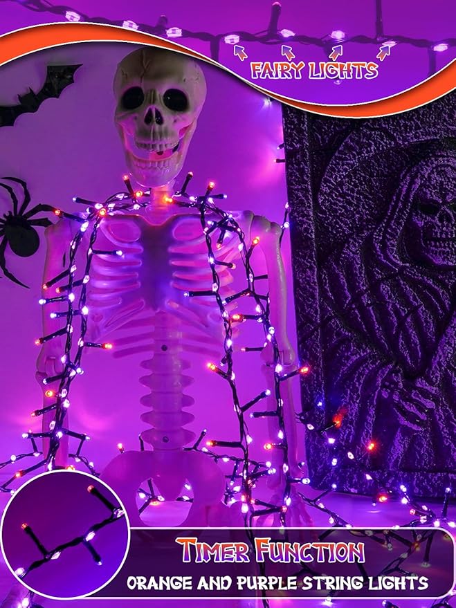 800 LED Halloween Slow Twinkle Cluster Lights, Firecracker Fairy Lights with 15 Modes & Timer Function, 33FT Waterproof String Lights for Indoor Outdoor Tree Halloween Decorations, Orange and Purple