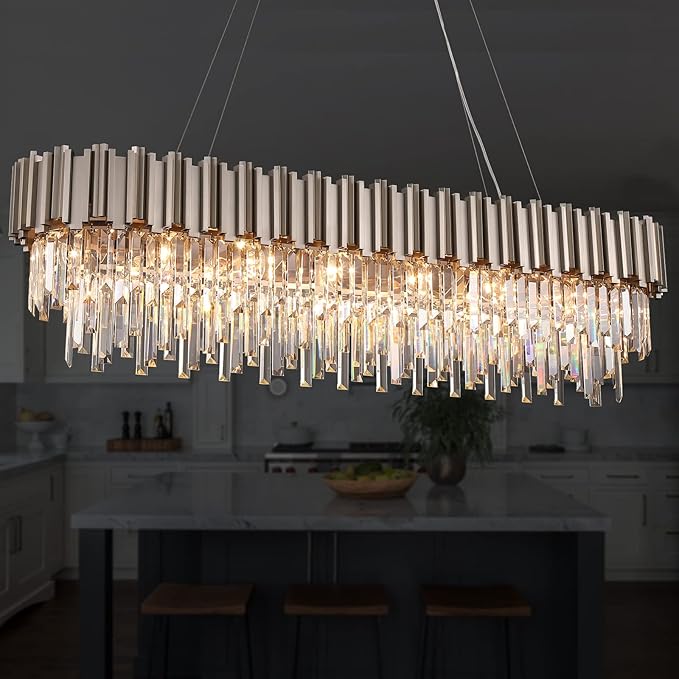 L51.2 Nickel Rectangle Crystal Chandelier for Dining Room Modern Luxury Light Fixture Linear Kitchen Island Contemporary Pendant Ceiling Light Oval Raindrop Chandelier Lighting 19-Light