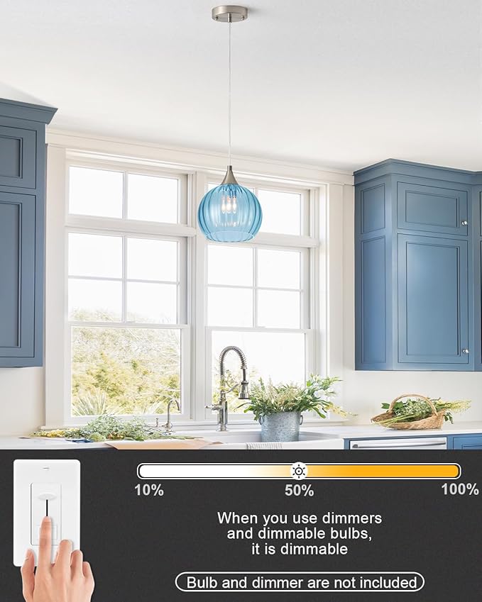 Brushed Nickel Pendant Lights Kitchen Island, Globe Pendant Light Fixtures with 8 Inch Clear Glass Shade, Modern Hanging Light Fixtures for Kitchen, Bedroom (2 Pack - Blue Glass Pendant Light)