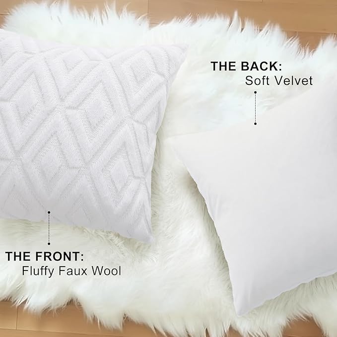 decorUhome Couch Throw Pillow Covers 22x22 Set of 2, Decorative Soft Plush Faux Wool Neutral Accent Pillow Covers for Bed Sofa Living Room, Pure White