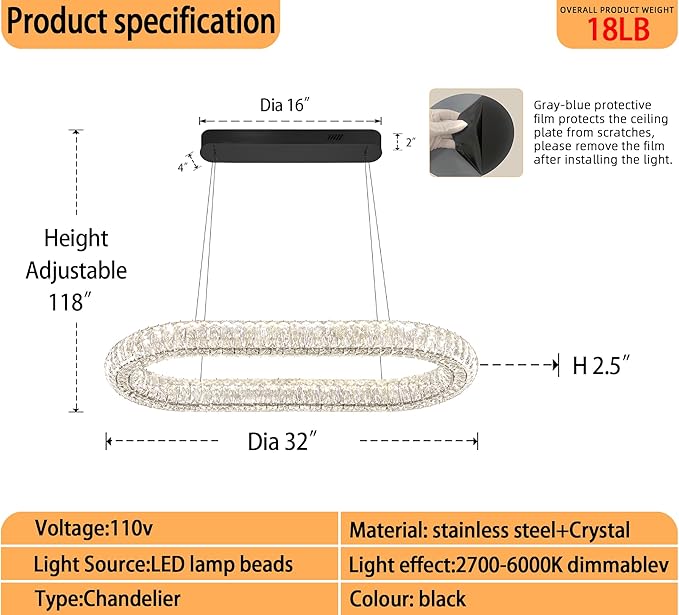 Oval Crystal Chandelier, 40'' Black Crystal Ring Pendant Light for Kitchen Island Modern Linear Oval Chandeliers for Dining Room Dimmable 3000K-6000K