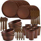 40 Piece Stackable Dinnerware Set for Small Kitchens, Modern Minimalist Plates & Flat Bottom Bowls (Pasta/Salad), Unbreakable & Microwave Safe, Brown