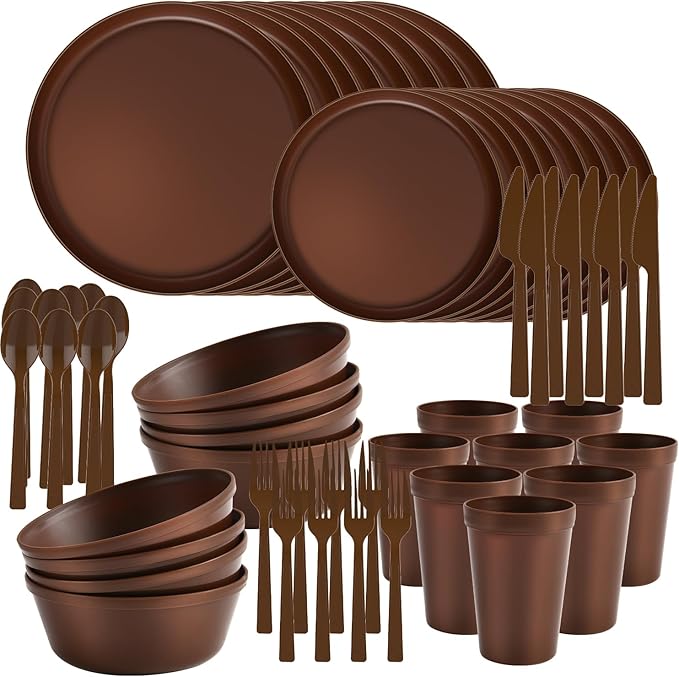 40 Piece Stackable Dinnerware Set for Small Kitchens, Modern Minimalist Plates & Flat Bottom Bowls (Pasta/Salad), Unbreakable & Microwave Safe, Brown