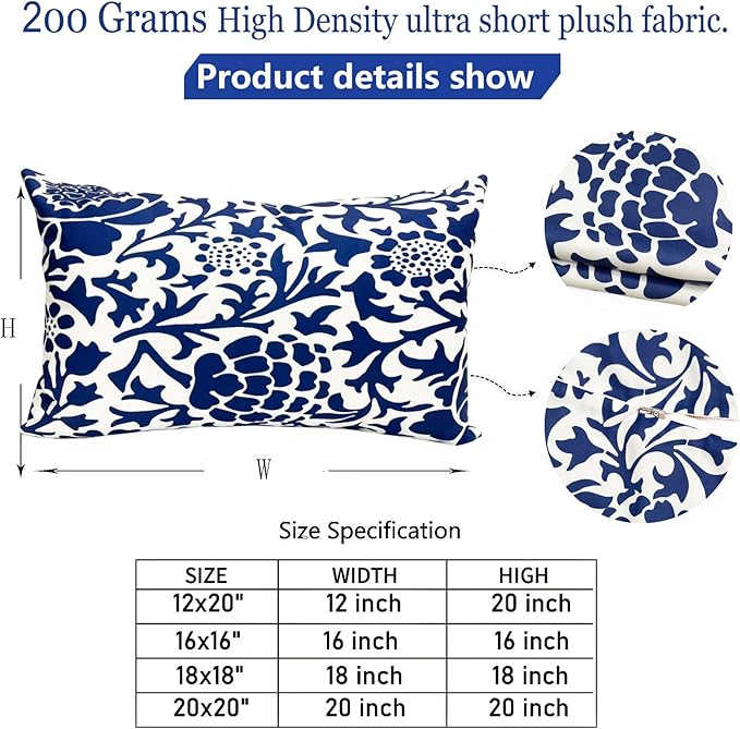 Decorative Throw Pillow Covers Set of 2 Blue Pillow Covers 12x20 inch Soft Short Plush Couch Pillow Case Floral Throw Pillows,Farmhouse Outdoor Pillow Covers for Sofa Bed Living Room Car