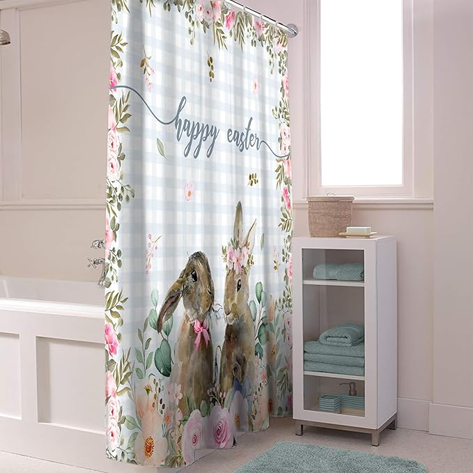 Rabbits Flowers Easter Shower Curtain, Eucalyptus Leaf Spring Shower Curtains Set with Hooks, Grey White Buffalo Plaid Waterproof Fabric Bathroom Curtains Decor Home Accessories, 60 X 72 Inch Long
