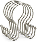 AmazerBath Shower Curtain Hooks Brushed Nickel Shower Curtain Rings, Simple Double Hook Shower Curtain Hooks Rust Proof, Smooth Glide Metal Shower Hooks for Shower Curtain, 12Pcs Shower Rod Hooks