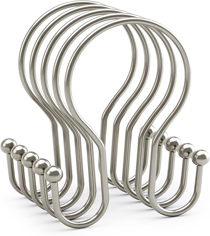 AmazerBath Shower Curtain Hooks Brushed Nickel Shower Curtain Rings, Simple Double Hook Shower Curtain Hooks Rust Proof, Smooth Glide Metal Shower Hooks for Shower Curtain, 12Pcs Shower Rod Hooks
