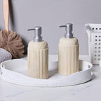 2Pcs Beige Natural Travertine Textures Hand Soap Dispenser Set, Small Bathroom Countertop Resin Liquid Soap Dispensers, Kitchen Dish Wash Soap Dispensers,Refillable Dispenser with Vertical Stripe