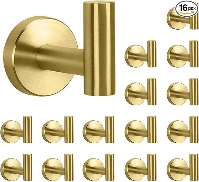 NearMoon Bath Towel Hooks- SUS 304 Stainless Steel Robe Hook Holder, Heavy Duty Coat Hook for Bathroom Livingroom Hotel Kitchen Garage, Wall Mounted (Brushed Gold, 16 Pack)