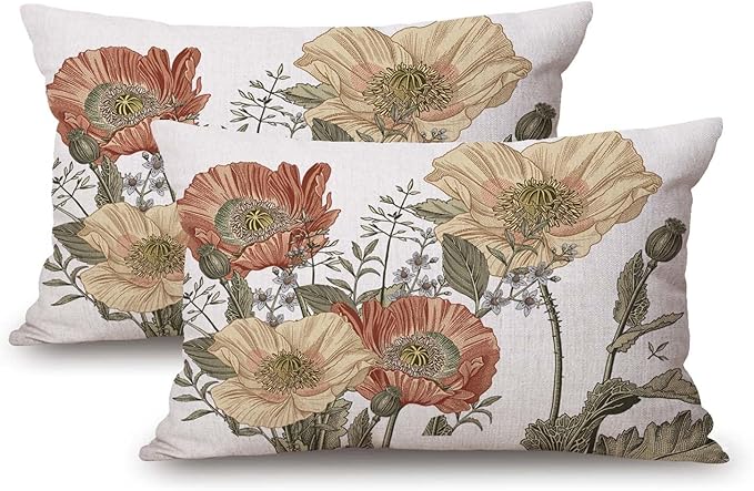TSSOHU Vintage Flower Throw Pillow Covers 12x20 Brown Rust Colored Floral Botanical Pattern Decorative Pillows Outdoor Linen Farmhouse Cushion Case Country Pillowcase for Sofa Bed Room Decor Set of 2