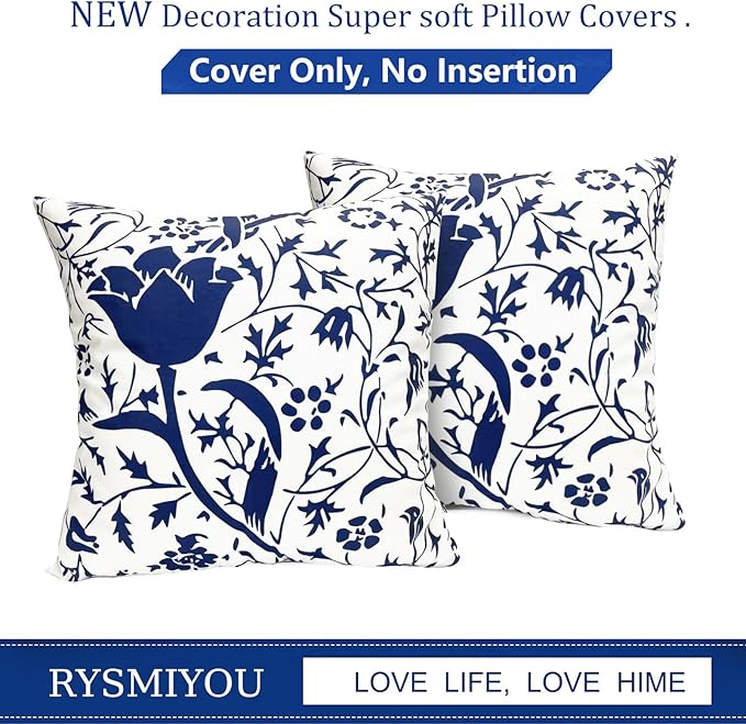 Decorative Throw Pillow Covers Set of 2 Blue Pillow Covers 16x16 inch Short Plush Couch Pillow Cases Floral Throw Pillows,Farmhouse Outdoor Pillow Covers for Sofa Living Room Cushion Covers