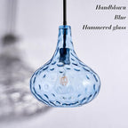 11" Hand-Blown Blue Glass Pendant Light, Modern Hammered Glass Hanging Light Fixture with Black Finish, Adjustable Ceiling Pendant Lighting for Kitchen Island, Dining Room, Living Room