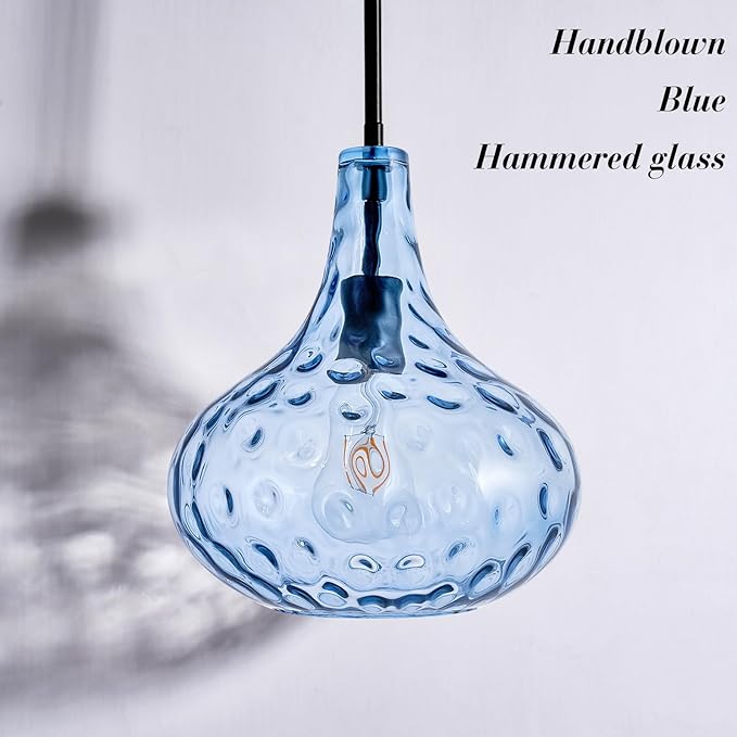 11" Hand-Blown Blue Glass Pendant Light, Modern Hammered Glass Hanging Light Fixture with Black Finish, Adjustable Ceiling Pendant Lighting for Kitchen Island, Dining Room, Living Room
