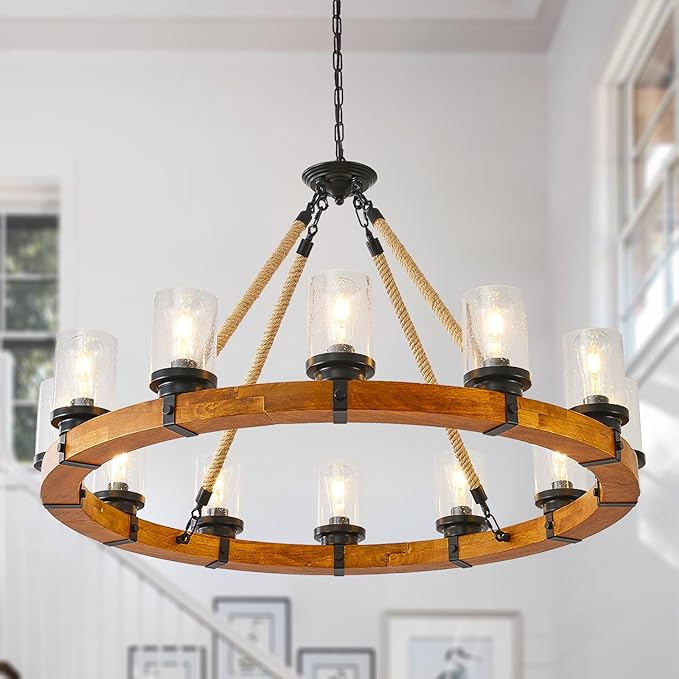12-Light Wood Wagon Wheel Chandelier, 40-inch Round Vintage Hanging Light Fixtures with Seeded Glass Shade for Living Room Café Foyer E26