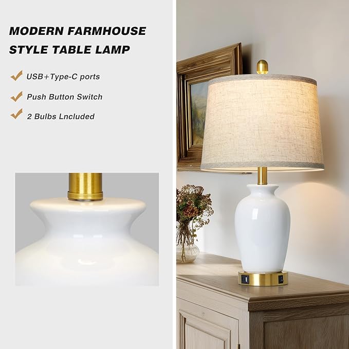23" Set of 2 White Ceramic Table Lamp with Ginger Jar Design, Bedside USB Lamps for Living Room,Dining Room,Bedroom,Office,Nightstand,End Table