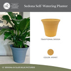 The HC Companies Sedona Round Self-Watering Pot - Lightweight Self Care Planter - Plastic Planter for Herbs & More - Durable Plant Pots for Indoor Plants & Outdoor Plants (14" Honey, Pack of 2)