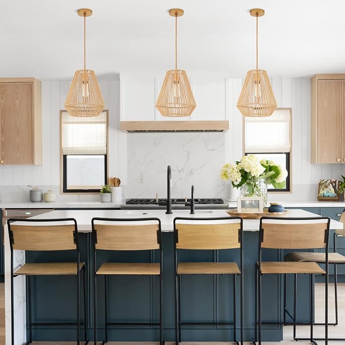 Woven Pendant Lights Hanging Lamp with 12" Hand Rattan Basket Shade Antique Brass Brush Paint Finish for Kitchen Island Farmhouse Dining Room Bar Bedroom Foyer Hallway