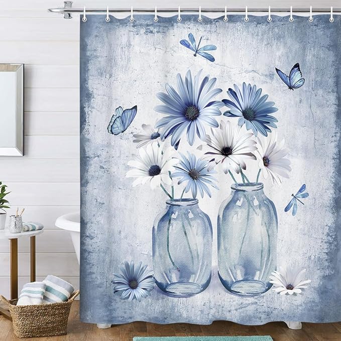 Rustic Farmhouse Blue Floral Shower Curtain, Light Blue Daisy Flowers Butterfly Dragonfly on Abstract Aesthetic Country Wooden Boho Shower Curtain Set, White Bathroom Accessory Sets with Hooks, 47X64