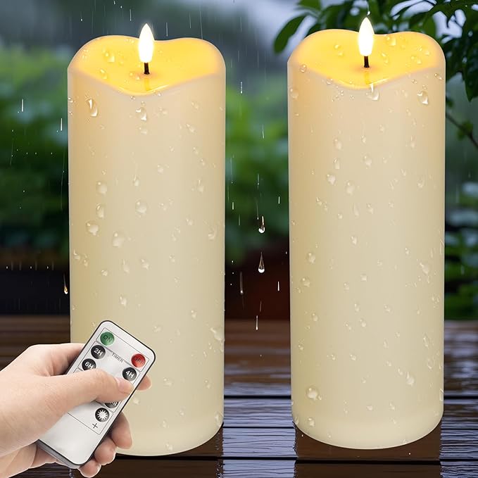 2pack 4"*10" Waterproof Outdoor Flameless Candles with Remote & Timer, Plastic Battery Operated LED Flickering Pillar Candles for Camping, Weddings, Ivory