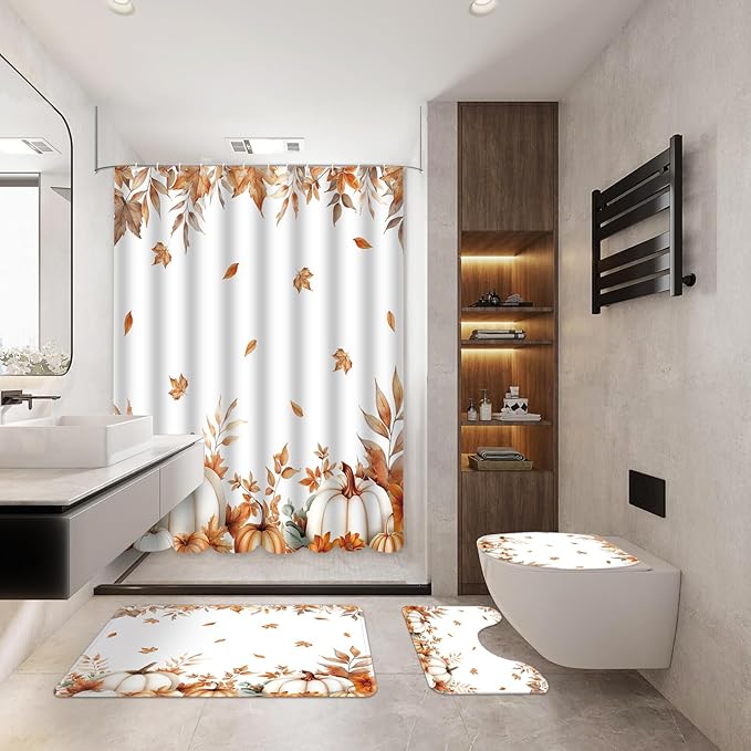 MEHOFOND 4pcs Fall Pumpkin Maple Leaf Shower Curtain Set, Autumn Leaves Harvest Thanksgiving Watercolor Shower Curtain Sets, Fall Bathroom Decor with Non-Slip Rugs Toilet Lid Cover and Bath Mat
