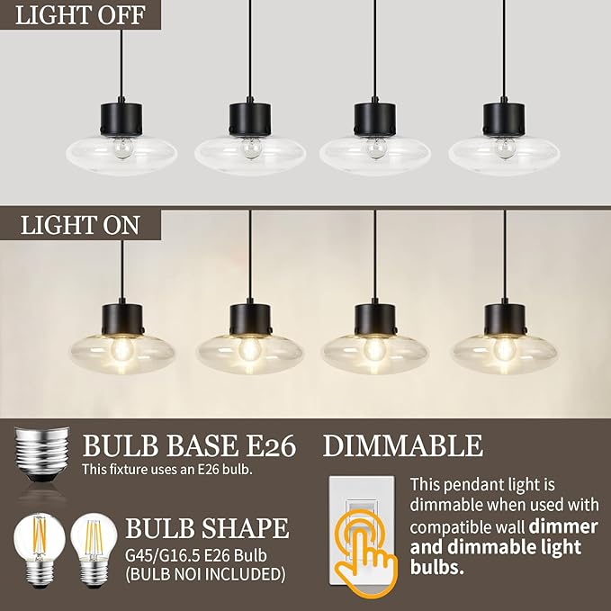 4-Light Kitchen Island Lighting, Black Linear Chandelier Modern Dining Room Light Fixture with Clear Glass, Adjustable Hanging Lighting for Kitchen Dining Room, OS-JJ1513-4CBK
