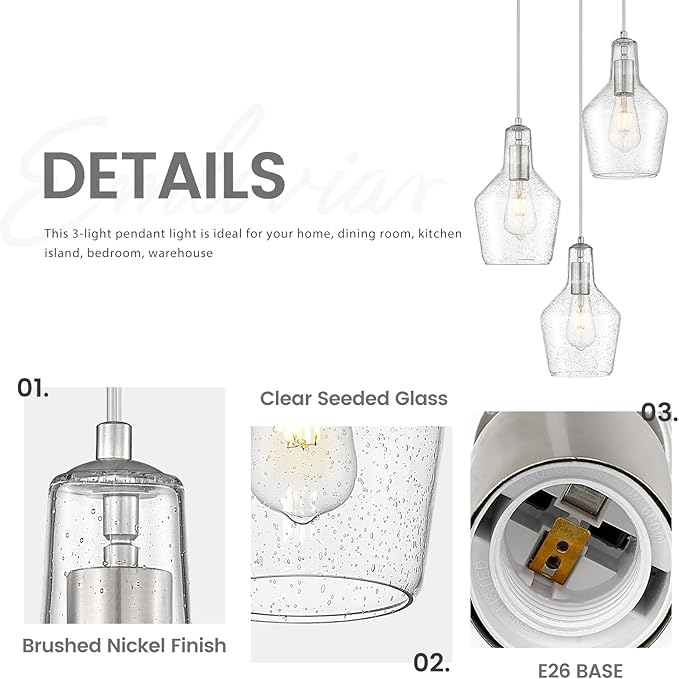 Emliviar Modern Kitchen Chandelier Brushed Nickel, 3-Light Hanging Pendant Lighting with Seeded Glass, Cluster Pendant Light Fixture for Entryway and Bedroom, DYE286G2-3 BN
