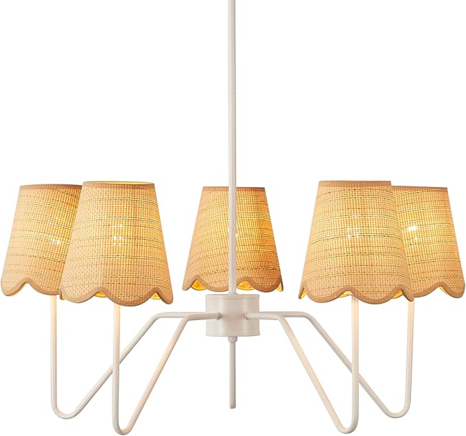 28" Rattan Chandelier, Large Modern Pendant Light Fixtures with Flower Shades White Finish for Dining Room, Kitchen Island, Foyer, Living Room 5-Light