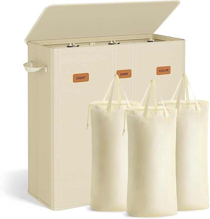 SONGMICS 42.2 Gallon (160 L) Laundry Hamper, 3-Compartment Laundry Basket Sorter with Lid, Labels, Removable Liner Bags, for Bedroom, Cream White URLH013W01