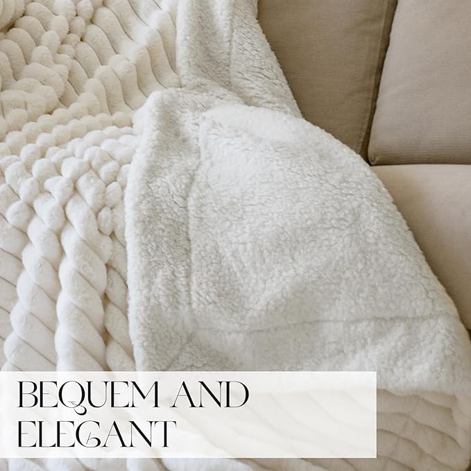 MOSAYT Super Soft Faux Rabbit Fur Blanket, Elegant Ruched Design, White, 60x80 Inch - Perfect for Couch, Sofa, or Bed