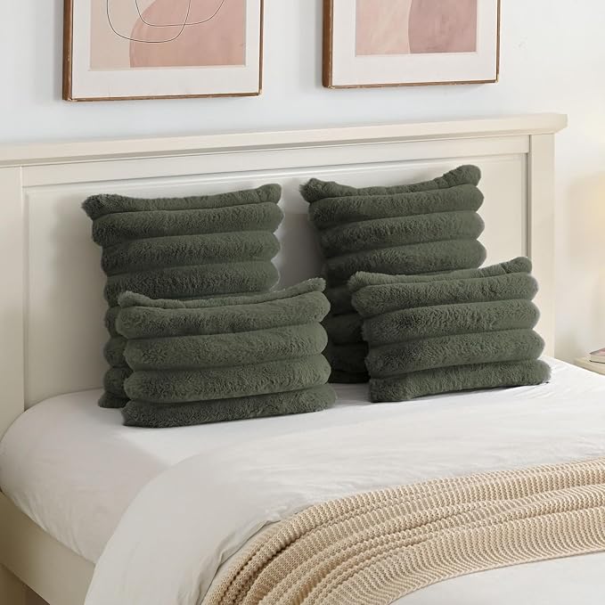 FUTEI Olive Green Decorative Throw Pillow Covers 12x20 Inch Set of 2, Square Soft Faux Rabbit Fur Big Striped Cushion Cover,Home Decor for Couch Sofa Bed Living Room