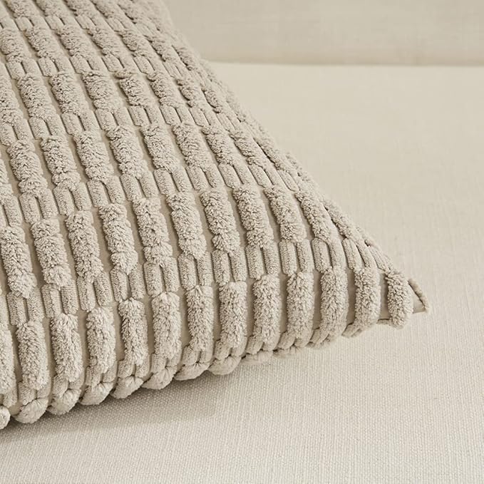 Fancy Homi Taupe Decorative Throw Pillow Covers 14x24 Inch for Living Room Couch Bed Sofa, Rustic Farmhouse Boho Home Decor, Soft Striped Corduroy Square Cushion Case 35x60 cm