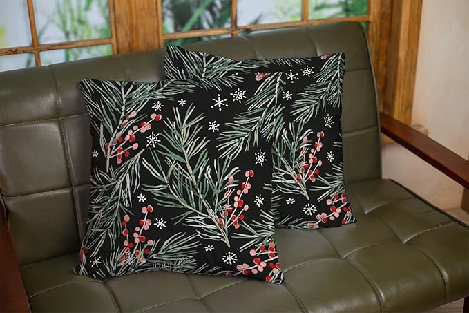CAPSCEOLL 2PCS Black Branch Covers for Throw Pillows 18X18Inch Winter Christmas Berries Black Botanical Green Floral Forest Snowflakes Washable Pillow Covers for Bedroom Sofa Soft Throw Pillow Covers