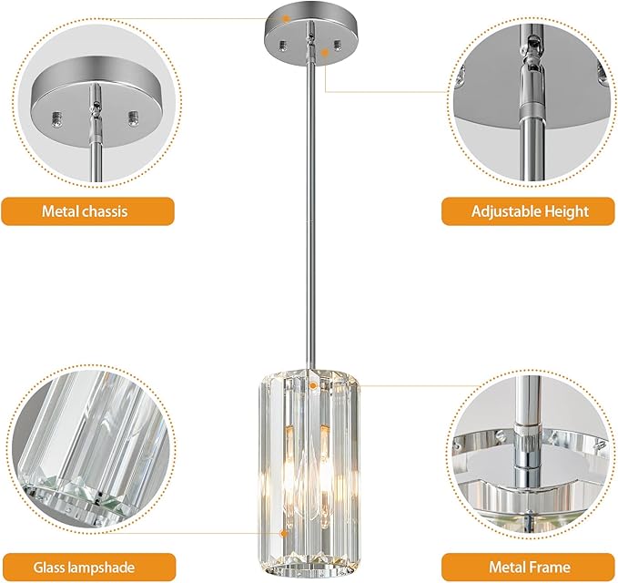 Chrome Pendant Lighting Modern Pendant Light Mini Crystal Chandeliers Adjustable Pendant Light Fixture for Kitchen Island Dinning Room Corridor Bedroom(Chorme 2-Pack)