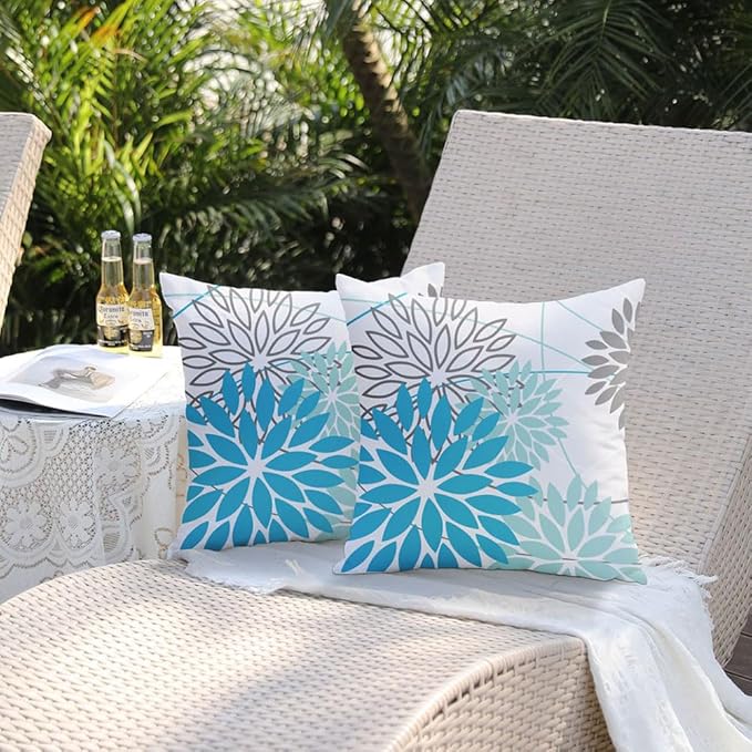 DFXSZ Outdoor Waterproof Summer Pillow Covers 18x18 Set of 2 Blue Floral Decorative Pillowcase for Patio Furniture 01S18