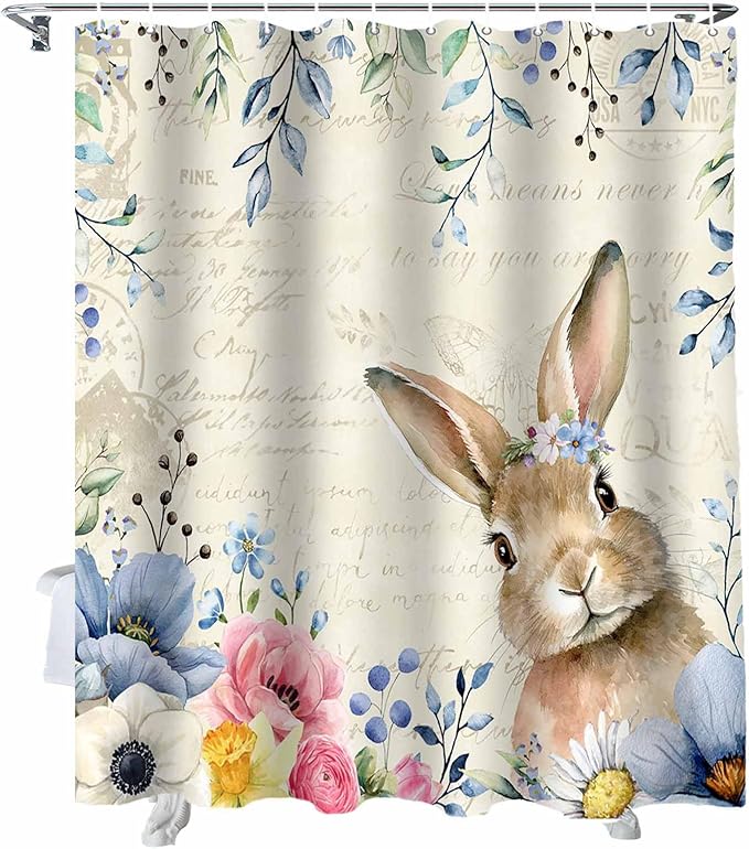 Vandarllin Spring Easter Shower Curtain, Floral Bunny Shower Curtains Set with Hooks, Flower Leaves Rabbit Waterproof Fabric Bathroom Curtains Decor Home Accessories,Stall 48 X 72 Inch