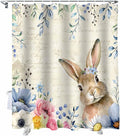 Vandarllin Spring Easter Shower Curtain, Floral Bunny Shower Curtains Set with Hooks, Flower Leaves Rabbit Waterproof Fabric Bathroom Curtains Decor Home Accessories,66 X 72 Inch Long