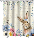 Vandarllin Spring Easter Shower Curtain, Floral Bunny Shower Curtains Set with Hooks, Flower Leaves Rabbit Waterproof Fabric Bathroom Curtains Decor Accessories, Stall Long 54 X 78