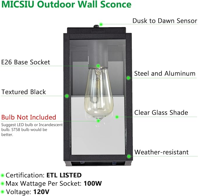 MICSIU 2 Pack Dusk to Dawn Outdoor Lighting, 11 Inch Matte Black Exterior Wall Lantern with Clear Glass, Exterior Wall Lights for House, Porch, Garage, Doorway, Pathway