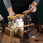 Glass Coffee Storage Container with Bamboo Shelf, 3PCS 49oz Airtight Sealed Coffee Bean Jar with Clamp Lid & Measuring Spoon, Kitchen Pantry Canister Set for Ground Coffee Sugar Tea Flour