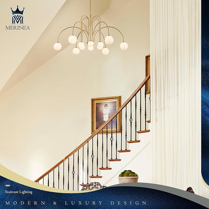 Large Gold Sputnik Chandelier Mid Century 12 Lights Modern L52” Milk Glass Globe Ceiling Pendant Light Fixture for High Ceiling Foyer Staircase Living Dining Room